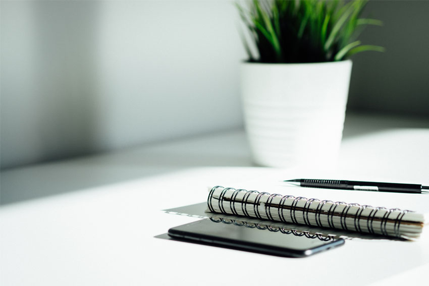 Un bloc note, un crayon et une plante